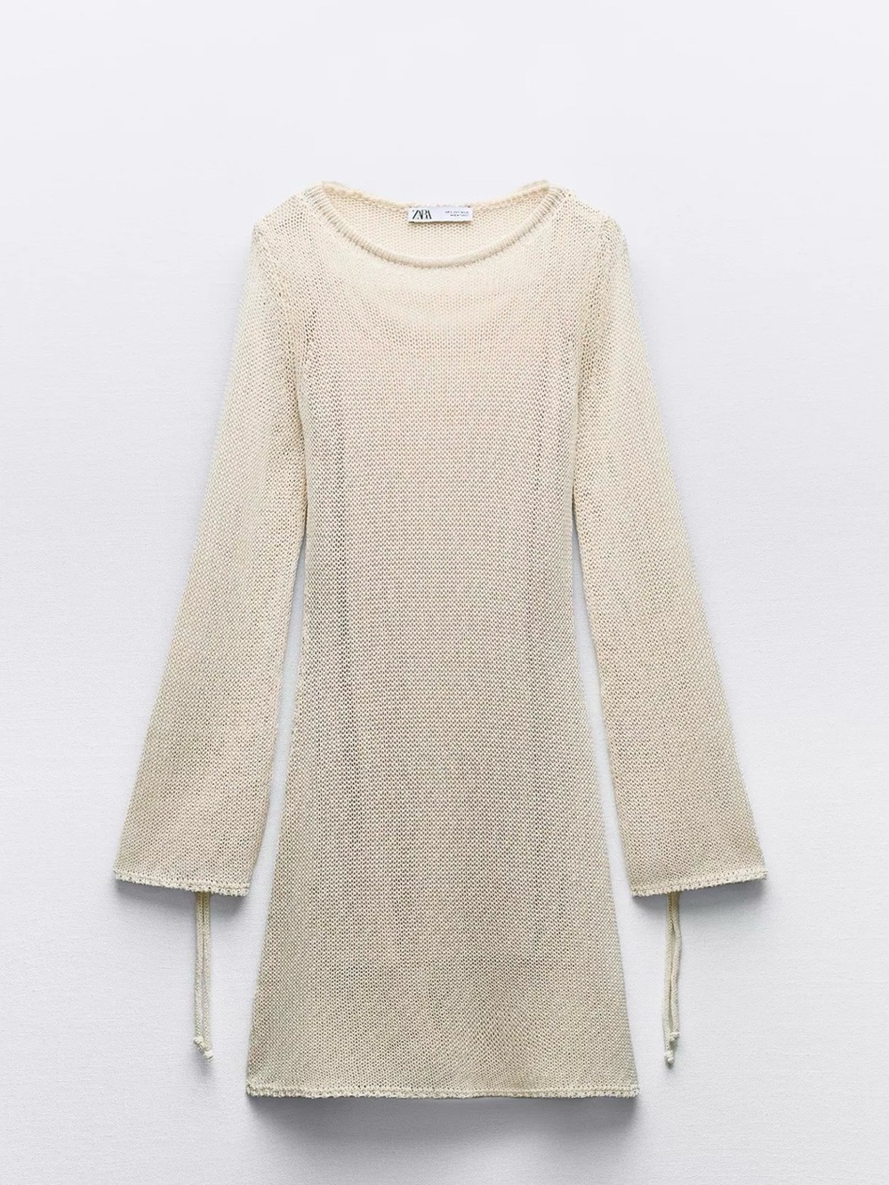 ZARA Tied Sleeve Knit Mini Dress Ecru NWT Size L